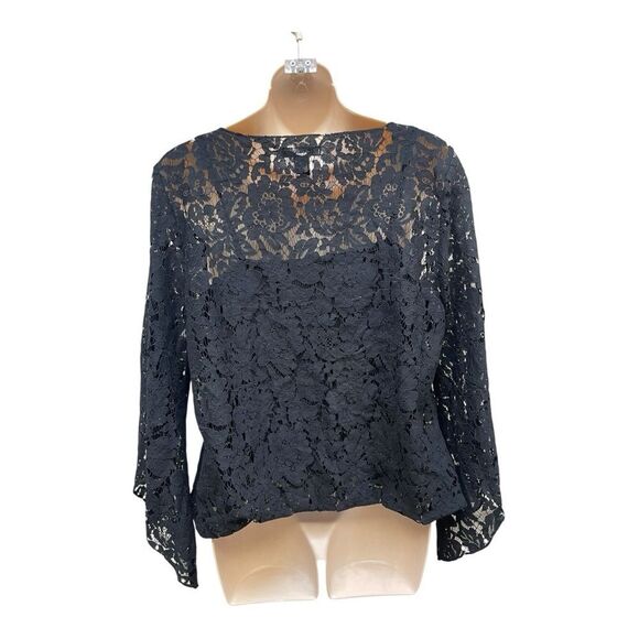 NWT Alfani Lace Blouse Bubble Hem Bell Sleeve Size M Elegant Feminine Romantic - Picture 6 of 9